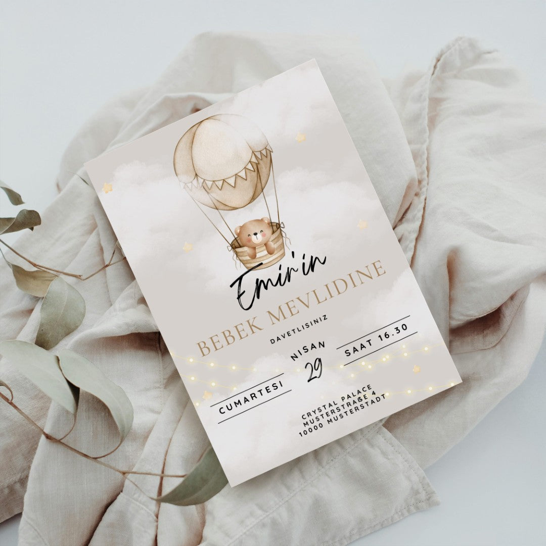Einladungskarte Mevlid – Teddy & Heißluftballon Design