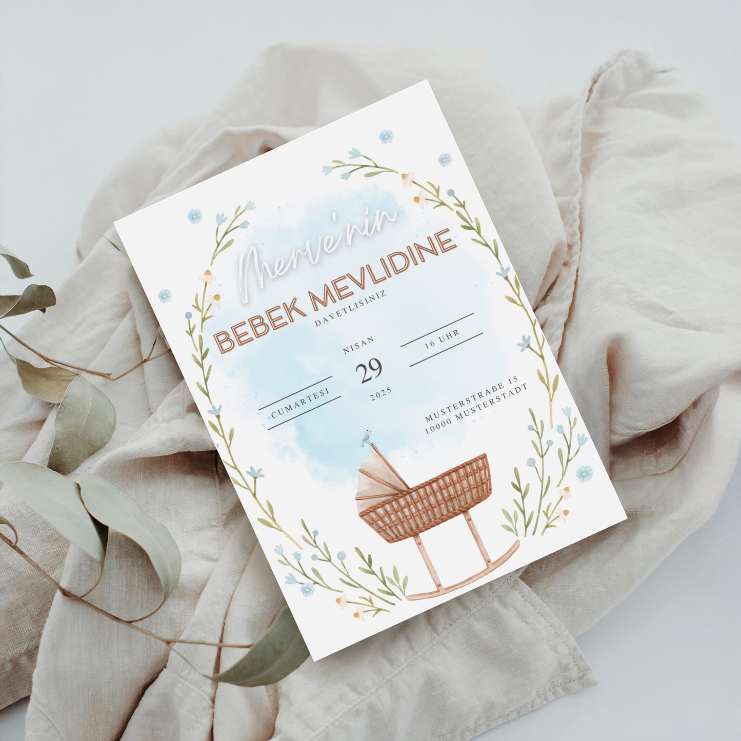 Baby Mevlid Einladungskarte mit Babywiege – Digitale Canva Vorlage