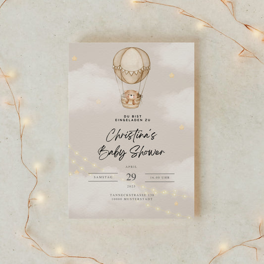Einladungskarte Baby Shower – Teddy & Heißluftballon Design