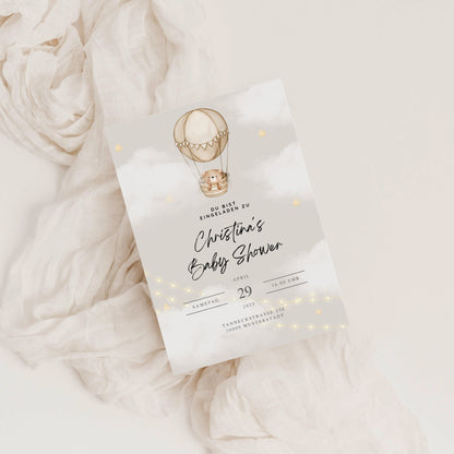 Einladungskarte Baby Shower – Teddy & Heißluftballon Design