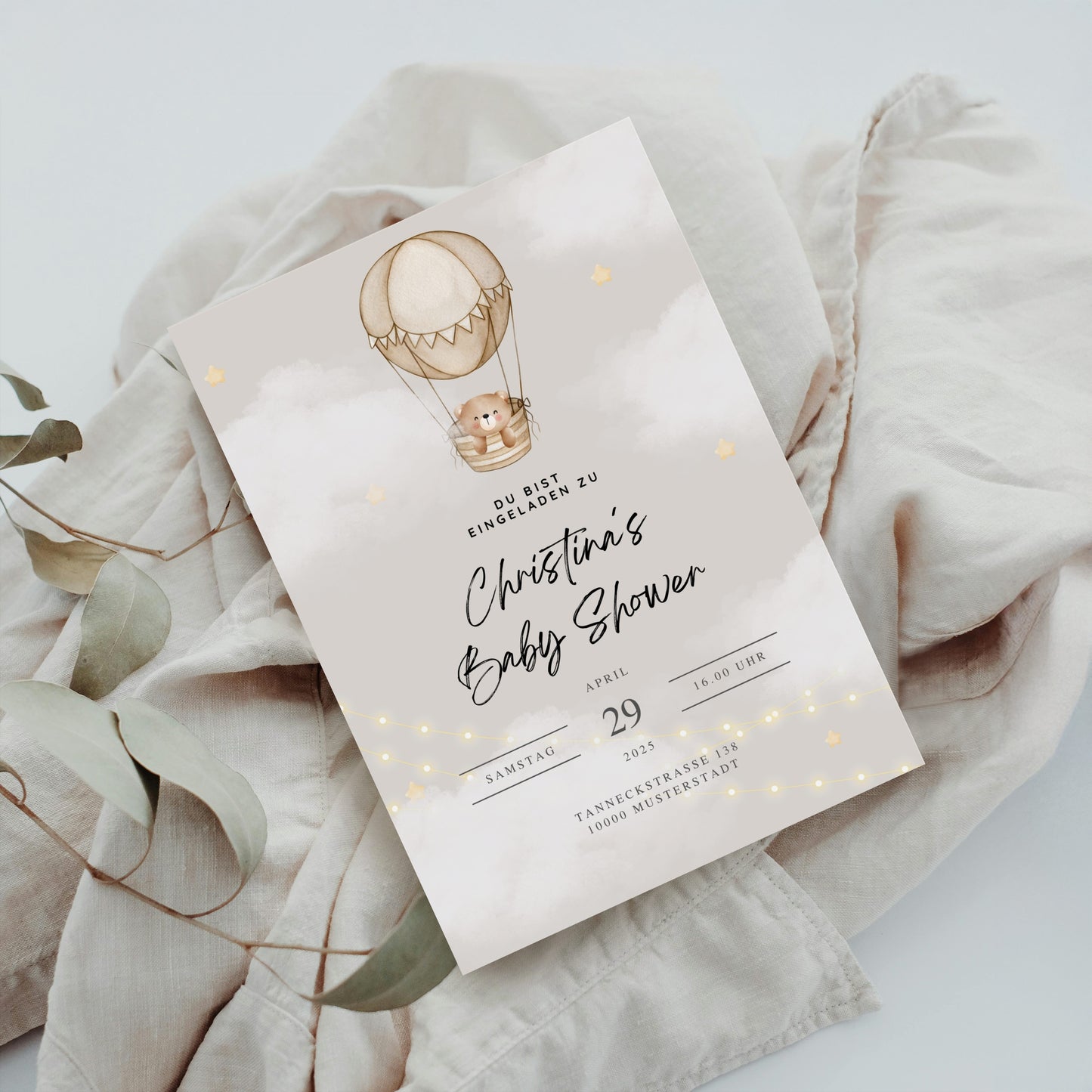 Einladungskarte Baby Shower – Teddy & Heißluftballon Design