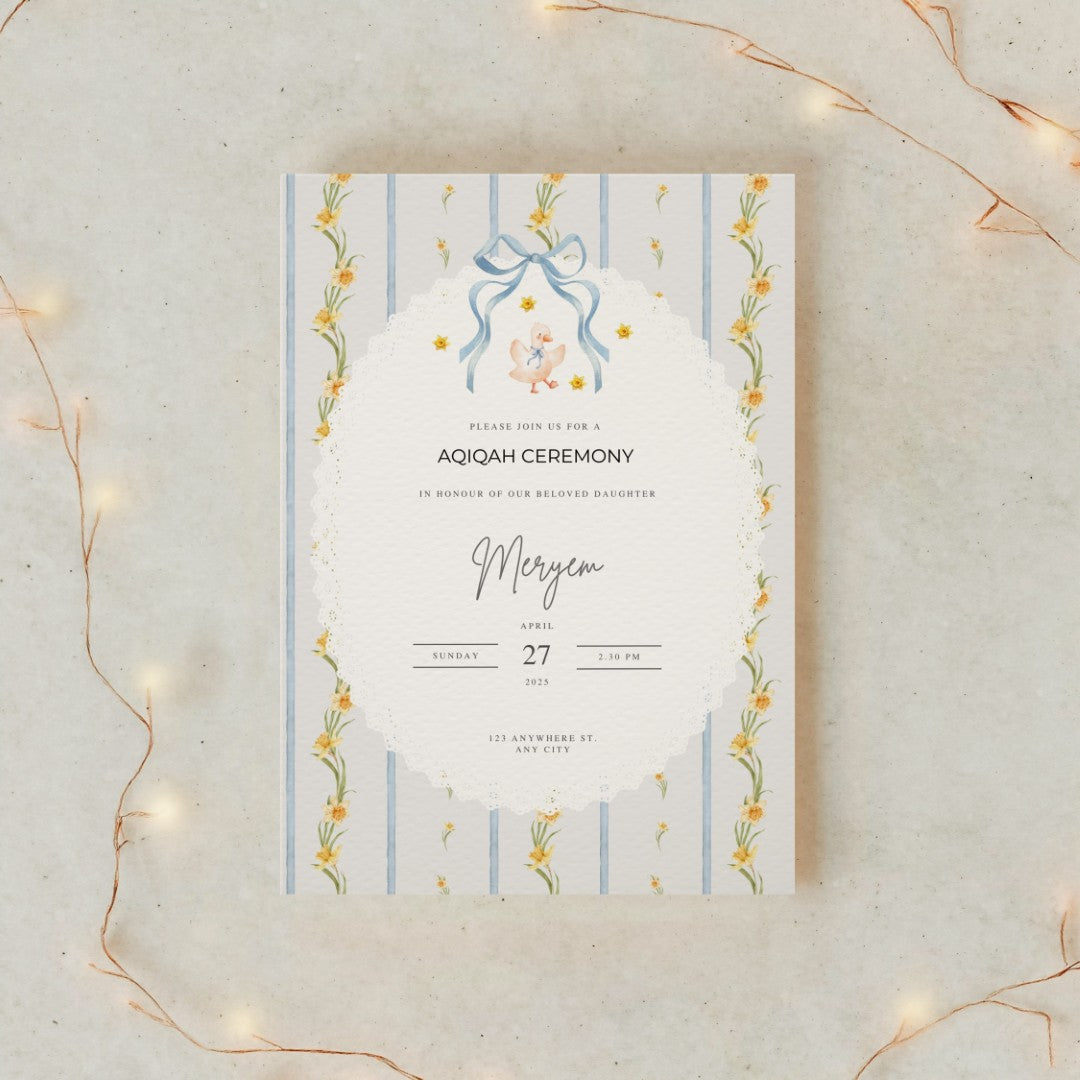 Einladungskarte Aqiqah – zartes Gänse-Design & individuell anpassbar