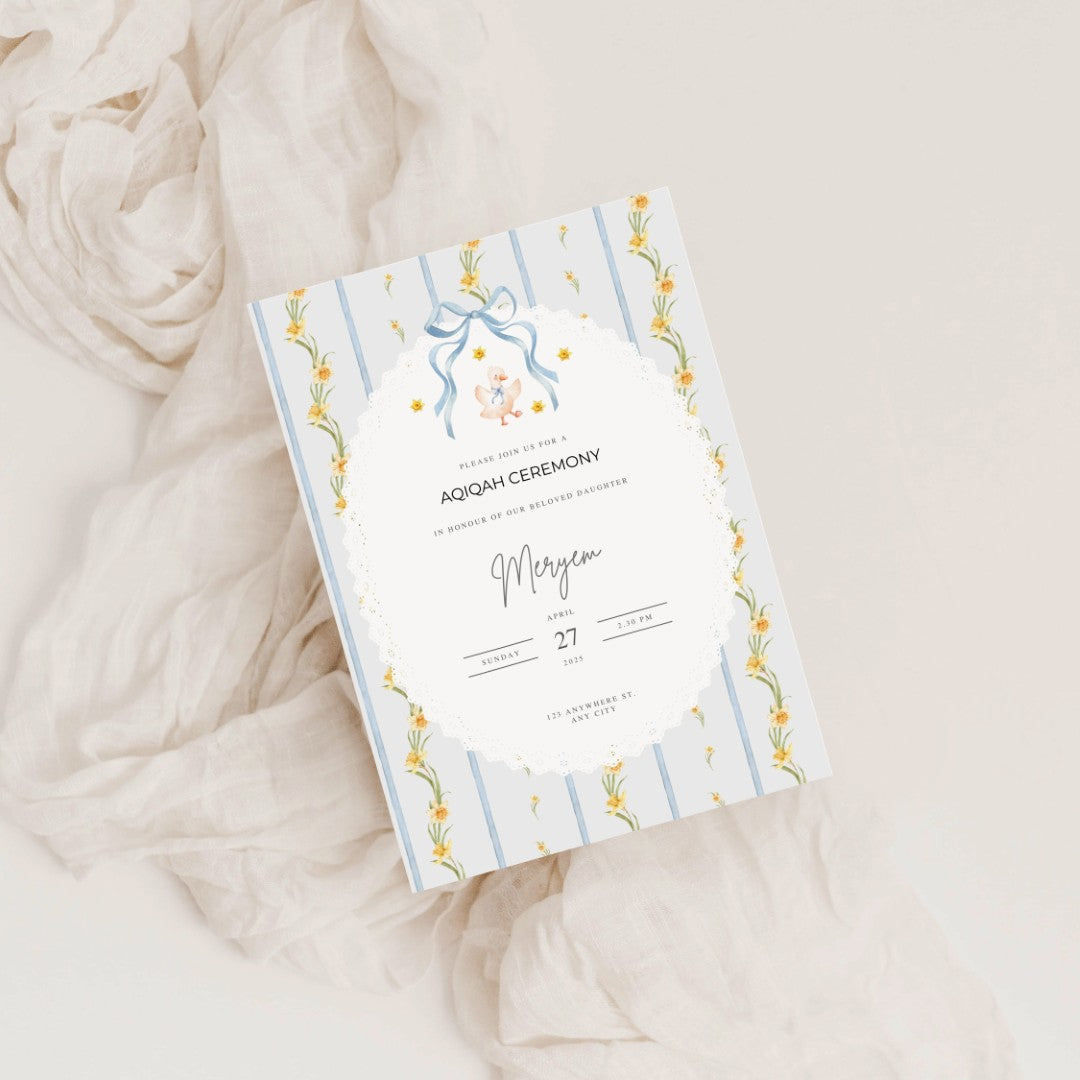 Einladungskarte Aqiqah – zartes Gänse-Design & individuell anpassbar