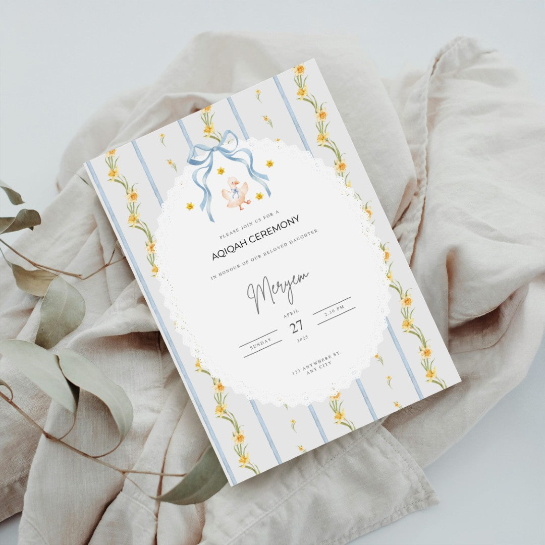 Einladungskarte Aqiqah – zartes Gänse-Design & individuell anpassbar