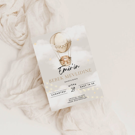 Einladungskarte Mevlid – Teddy & Heißluftballon Design