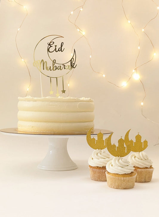 Eid Mubarak Cake Topper – feines Goldene Glitzer-Deko für Festliche Kuchen und Cupcakes