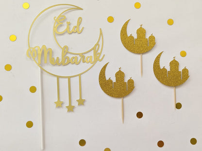 Eid Mubarak Cake Topper – feines Goldene Glitzer-Deko für Festliche Kuchen und Cupcakes