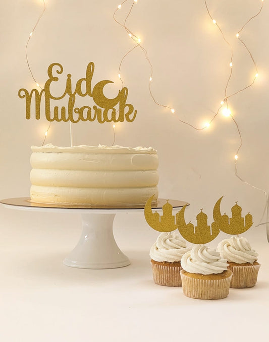 Eid Mubarak Cake Topper – Goldene Glitzer-Deko für Festliche Kuchen und Cupcakes