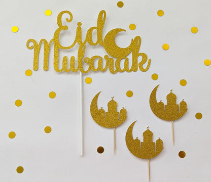 Eid Mubarak Cake Topper – Goldene Glitzer-Deko für Festliche Kuchen und Cupcakes