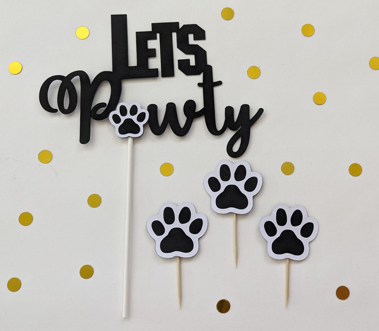 Let's Pawty" Deluxe Cake Topper Set – Feierliche Tierpfoten-Deko für Hunde- und Katzengeburtstage