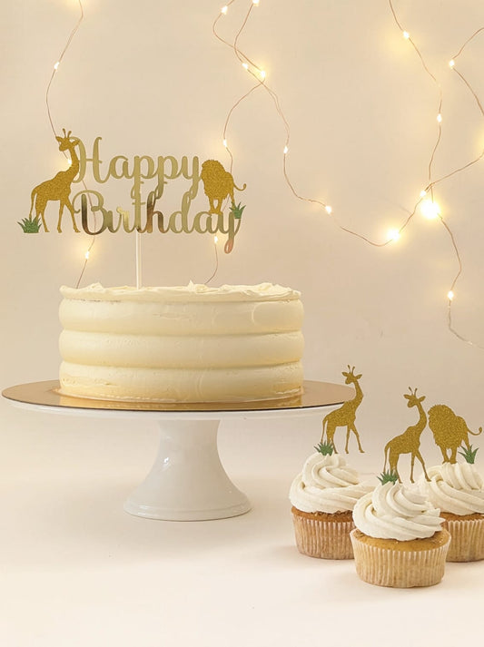 Glitzerndes Safari-Tiere Cake Topper-Set – 'Happy Birthday' in der Wildnis Decozee