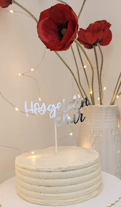 Hoşgeldin Tortendeko – Silberner Cake Topper mit Wunschname