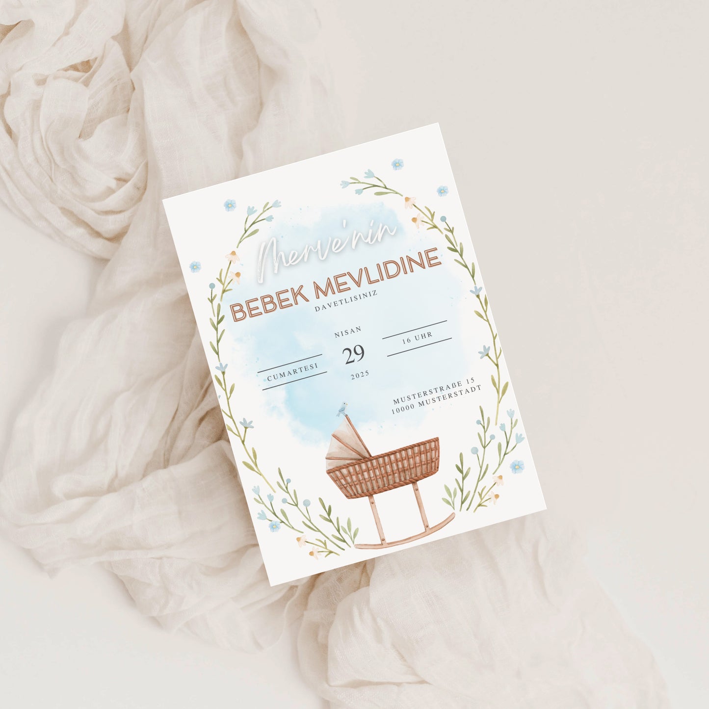 Baby Mevlid Einladungskarte mit Babywiege – Digitale Canva Vorlage