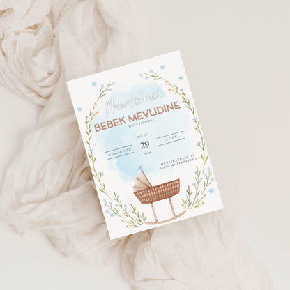 Baby Mevlid Einladungskarte mit Babywiege – Digitale Canva Vorlage