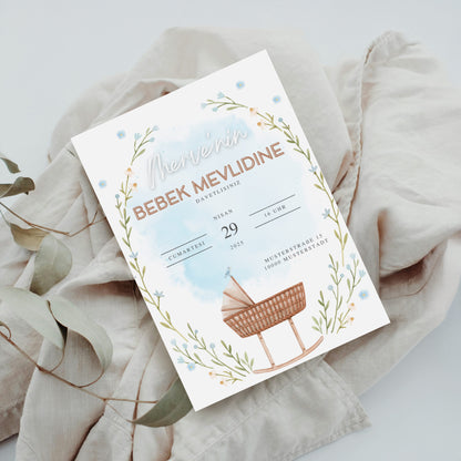 Baby Mevlid Einladungskarte mit Babywiege – Digitale Canva Vorlage