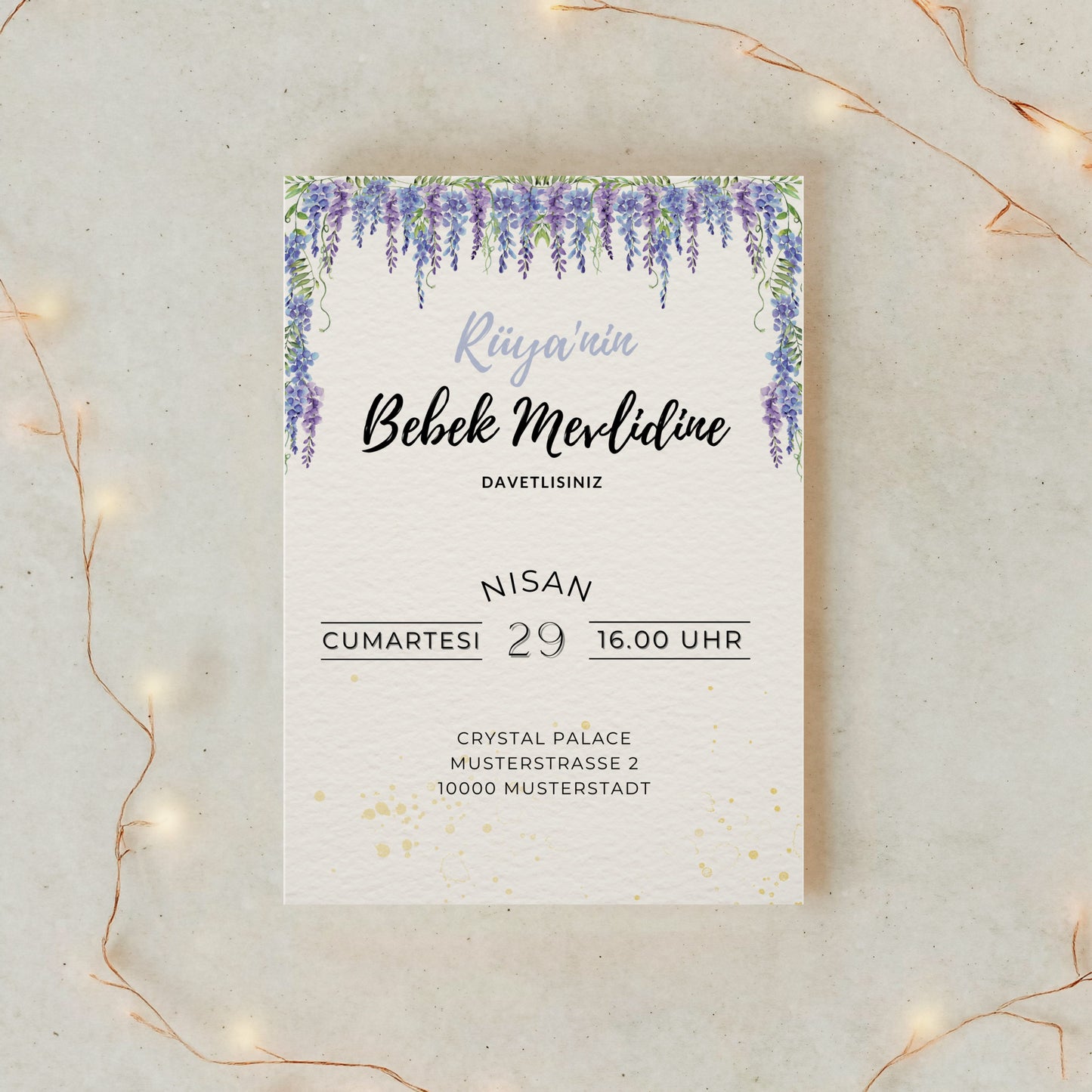 Baby Mevlid Einladungskarte mit floraler Aquarell-Optik – Canva Template