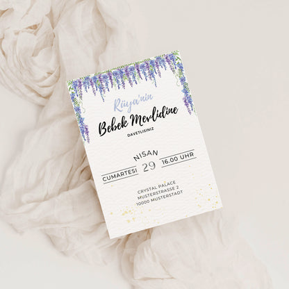 Baby Mevlid Einladungskarte mit floraler Aquarell-Optik – Canva Template