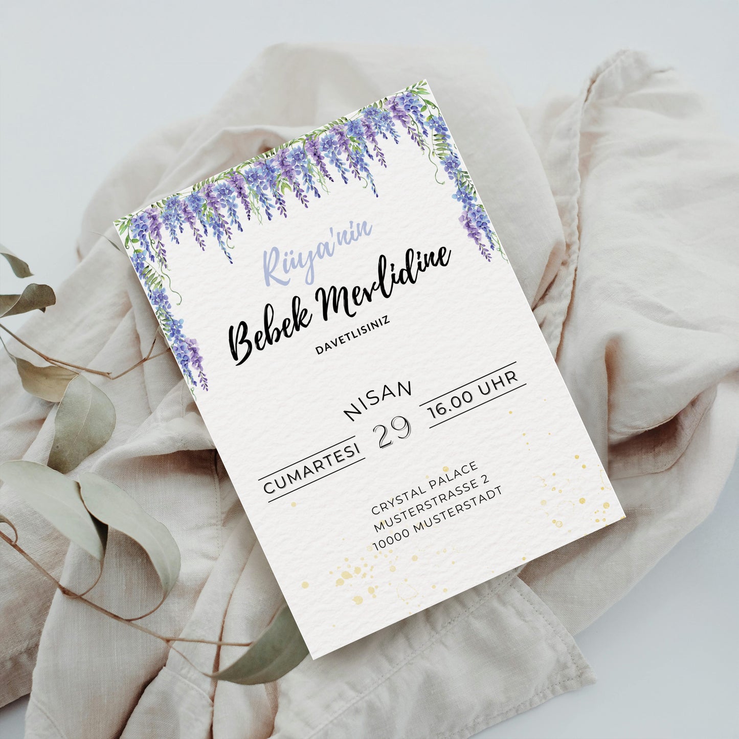 Baby Mevlid Einladungskarte mit floraler Aquarell-Optik – Canva Template
