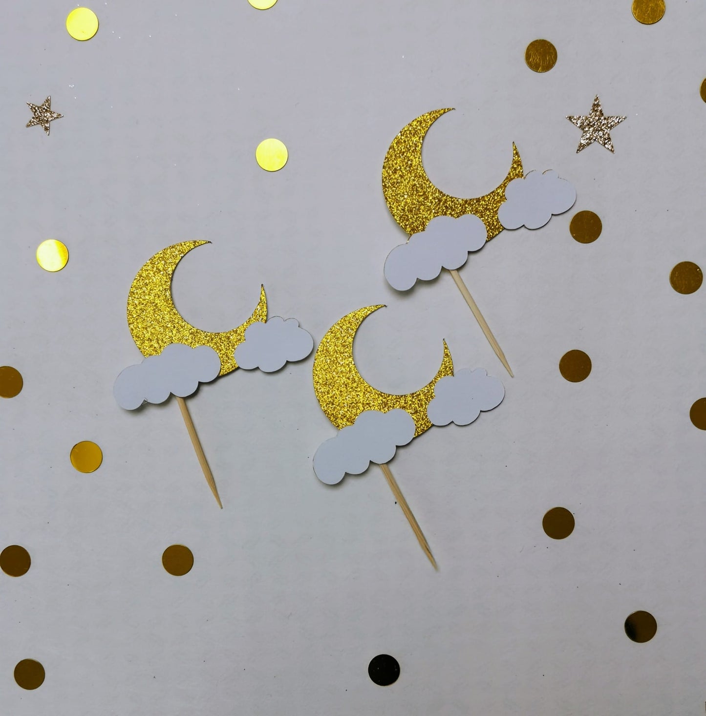 Goldglänzendes 'Oh Baby' Mond und Wolken Caketopper-Set