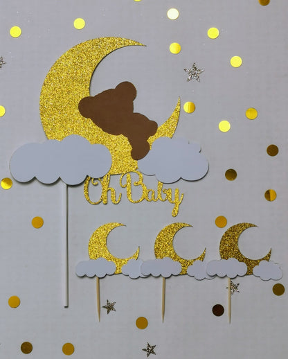 Goldglänzendes 'Oh Baby' Mond und Wolken Caketopper-Set