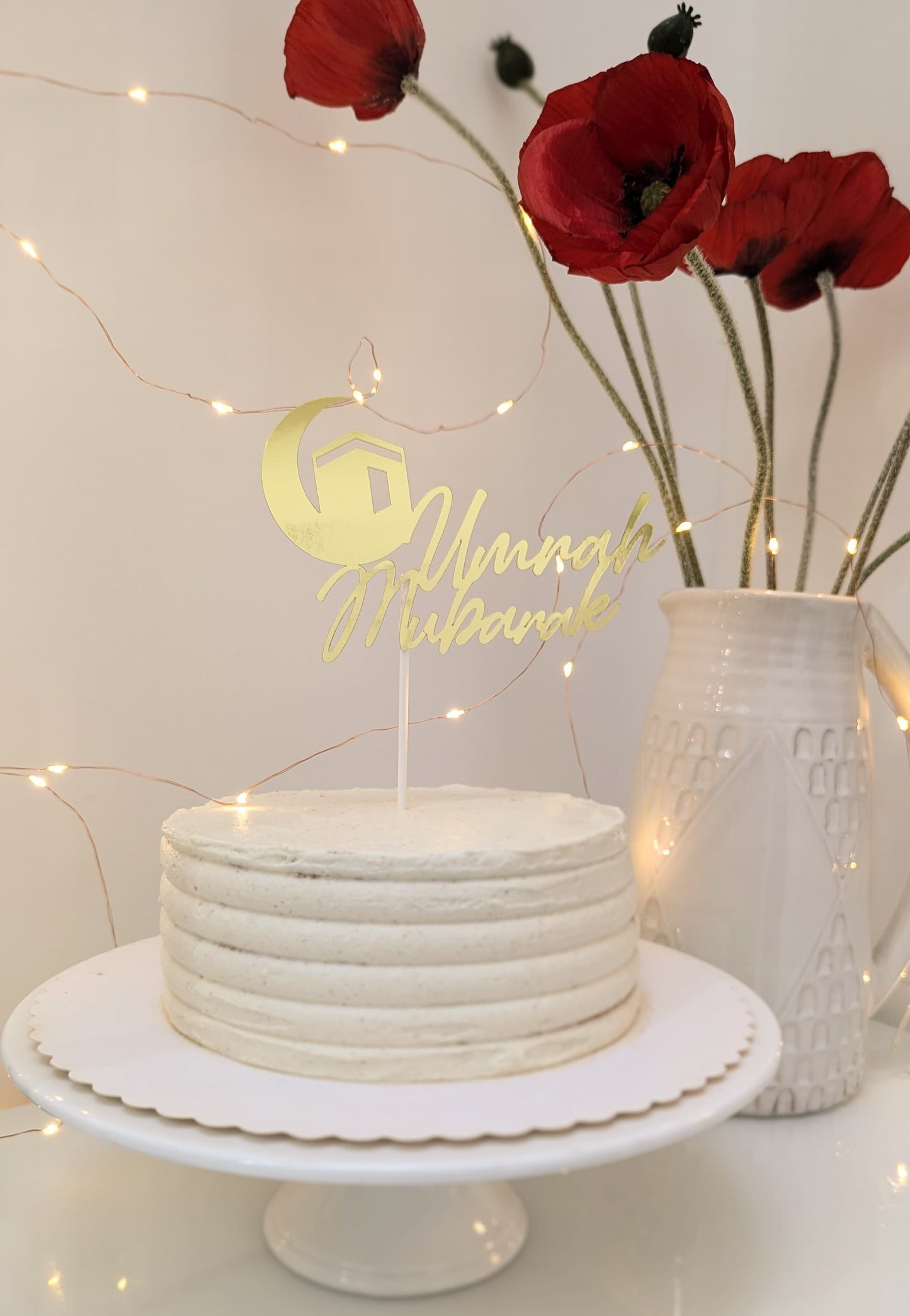 Umrah Mubarak Tortendeko – Goldener Cake Topper mit Kaaba & Halbmond