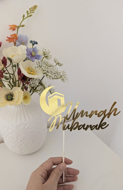 Umrah Mubarak Tortendeko – Goldener Cake Topper mit Kaaba & Halbmond