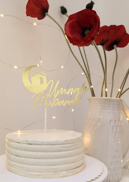 Umrah Mubarak Tortendeko – Goldener Cake Topper mit Kaaba & Halbmond