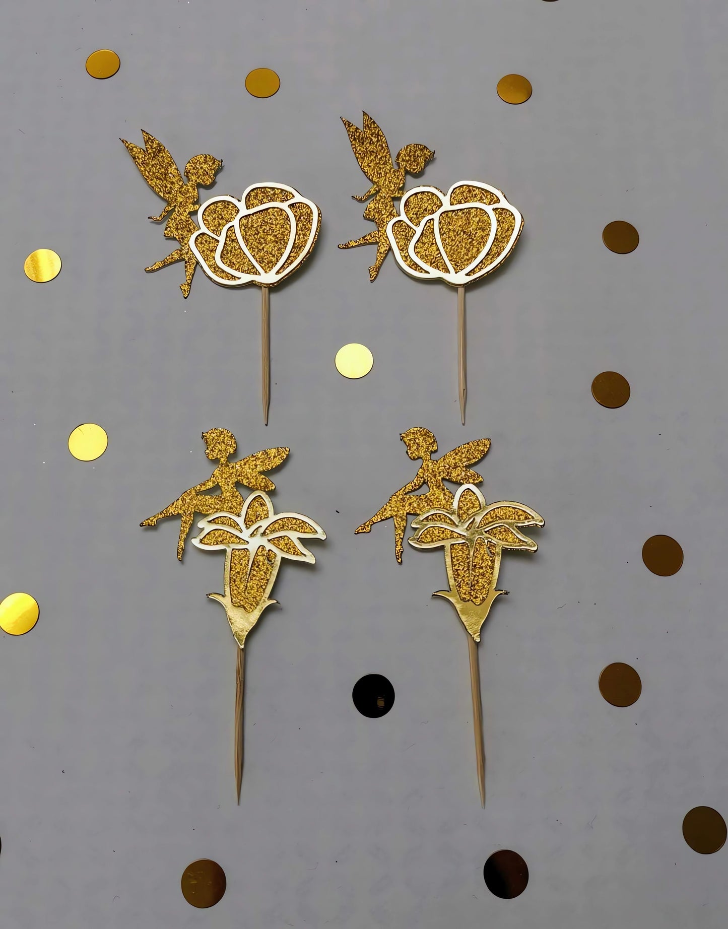 Zauberhaftes Feen Cake Topper-Set in Goldglanz – Festliche Tortendeko Decozee