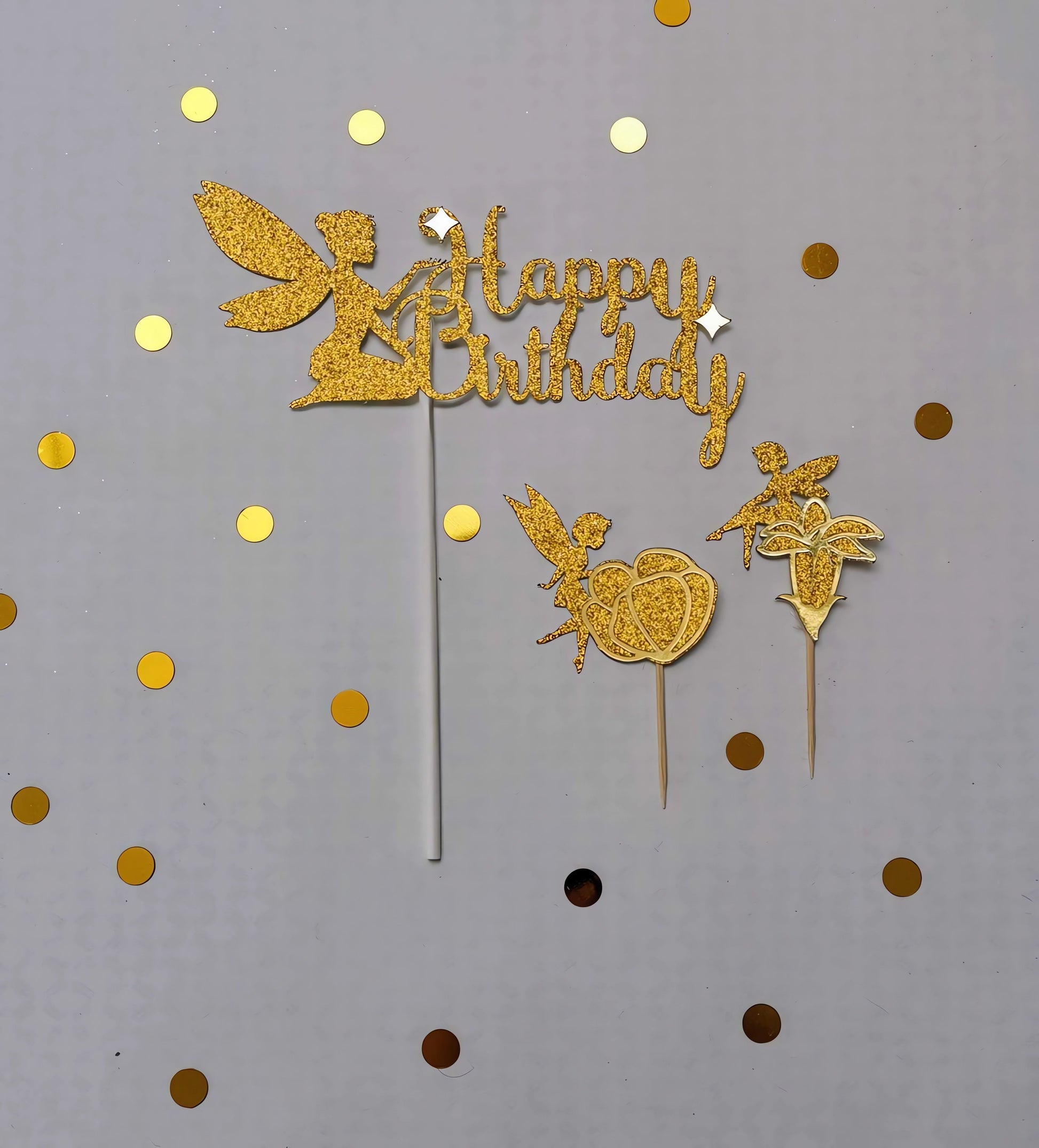 Zauberhaftes Feen Cake Topper-Set in Goldglanz – Festliche Tortendeko Decozee