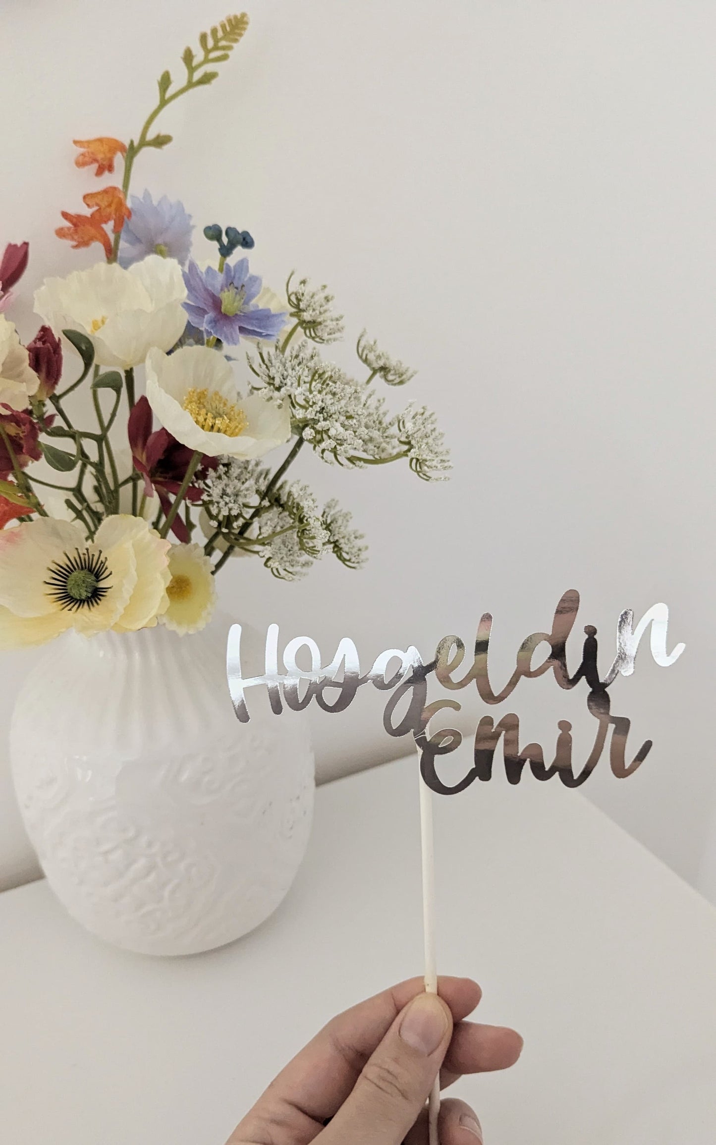 Hoşgeldin Tortendeko – Silberner Cake Topper mit Wunschname
