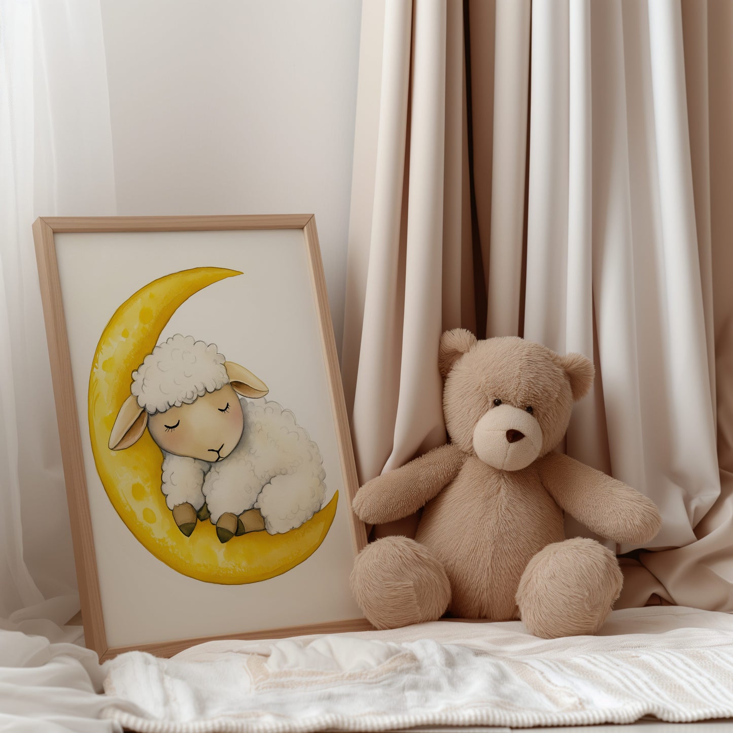 Digitales Schaf Poster 2:3 – Schlafendes Lamm auf gelbem Mond