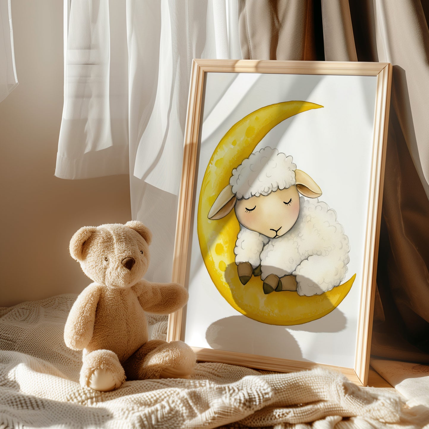 Digitales Schaf Poster 2:3 – Schlafendes Lamm auf gelbem Mond