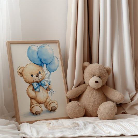 Digitales Teddy Poster 2:3 – Babyzimmer Wandbild mit blauen Luftballons
