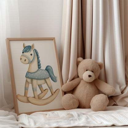 Digitales Aquarell Schaukelpferd Poster – Babyzimmer Deko in Blau & Beige