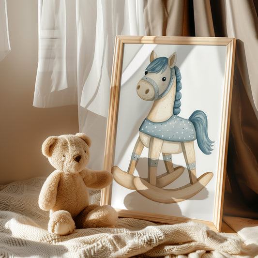 Digitales Aquarell Schaukelpferd Poster – Babyzimmer Deko in Blau & Beige