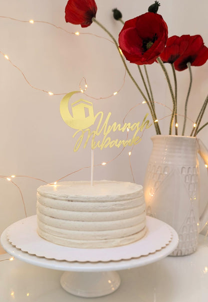 Umrah Mubarak Tortendeko – Goldener Cake Topper mit Kaaba & Halbmond